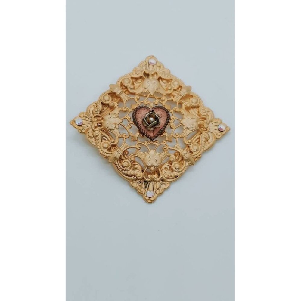 Vintage Ornate‎ Gold Tone Diamond Shape Brooch Heart Rose Filigree Rhinestones